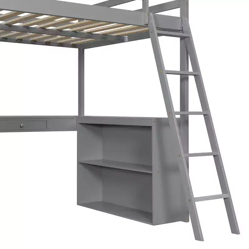 Lit mezzanine en bois double/grand format avec échelle, étagères, tiroir et bureau, 4L - ModernLuxe