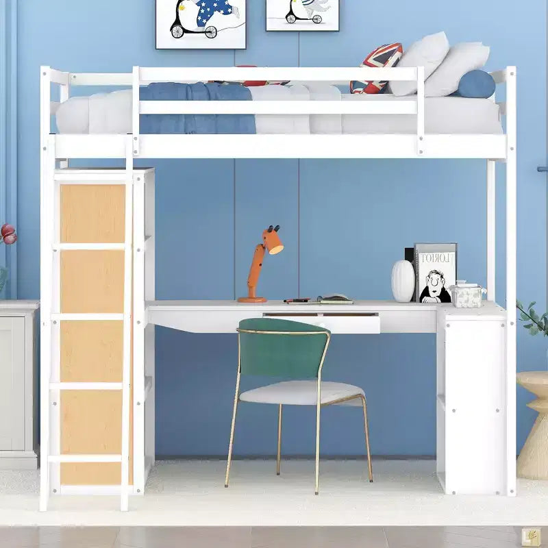 Lit mezzanine en bois double/grand format avec échelle, étagères, tiroir et bureau, 4L - ModernLuxe