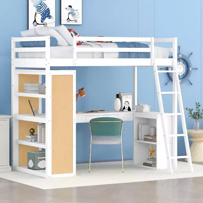 Lit mezzanine en bois double/grand format avec échelle, étagères, tiroir et bureau, 4L - ModernLuxe