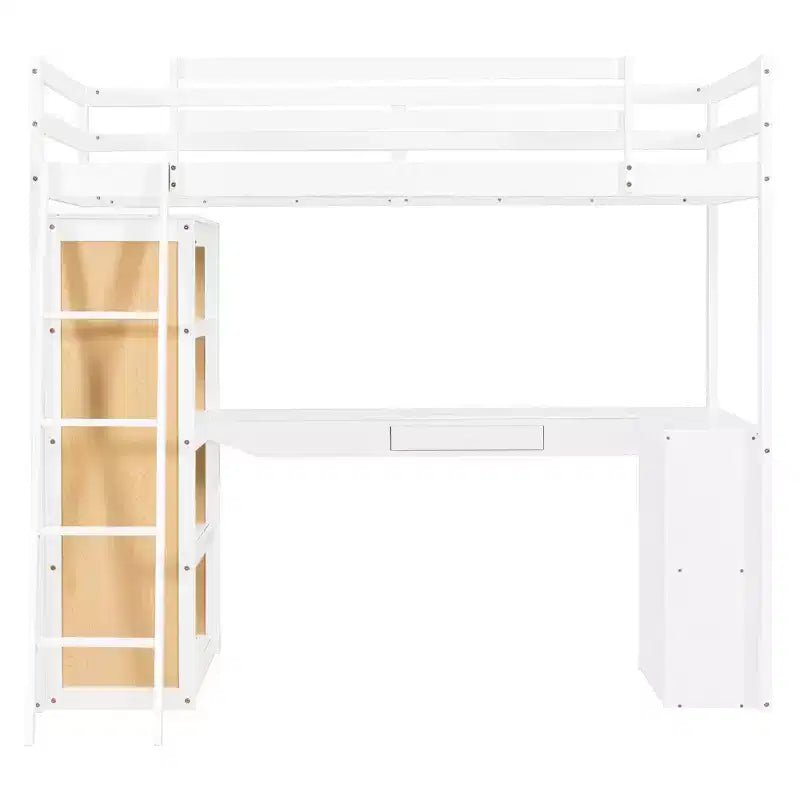 Lit mezzanine en bois double/grand format avec échelle, étagères, tiroir et bureau, 4L - ModernLuxe