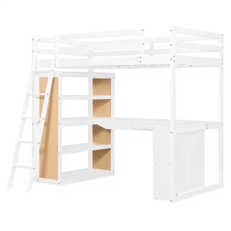 Lit mezzanine en bois double/grand format avec échelle, étagères, tiroir et bureau, 4L - ModernLuxe