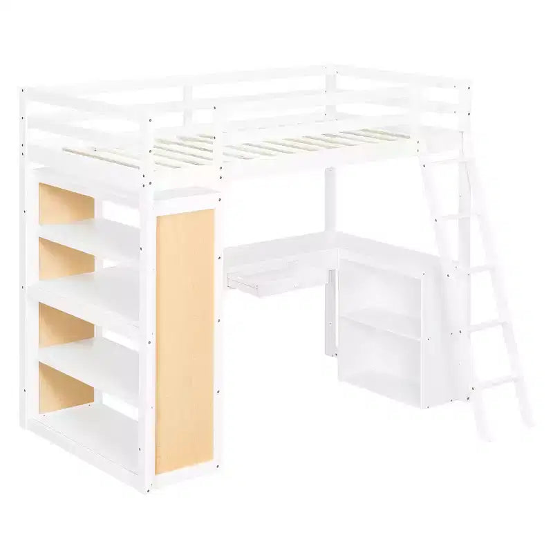 Lit mezzanine en bois double/grand format avec échelle, étagères, tiroir et bureau, 4L - ModernLuxe