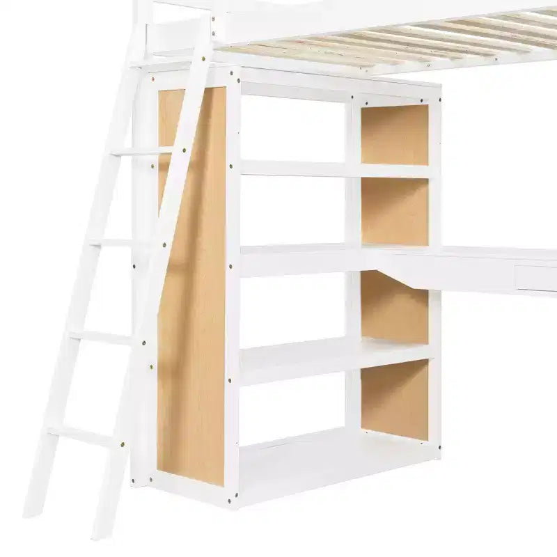 Lit mezzanine en bois double/grand format avec échelle, étagères, tiroir et bureau, 4L - ModernLuxe
