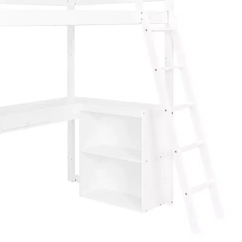 Lit mezzanine en bois double/grand format avec échelle, étagères, tiroir et bureau, 4L - ModernLuxe