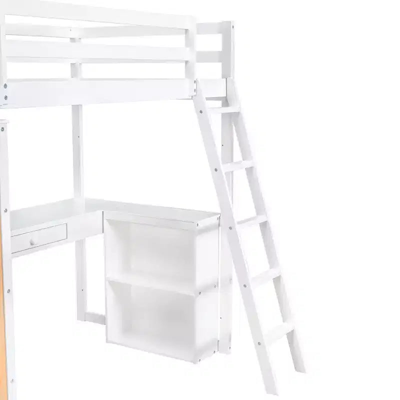 Lit mezzanine en bois double/grand format avec échelle, étagères, tiroir et bureau, 4L - ModernLuxe