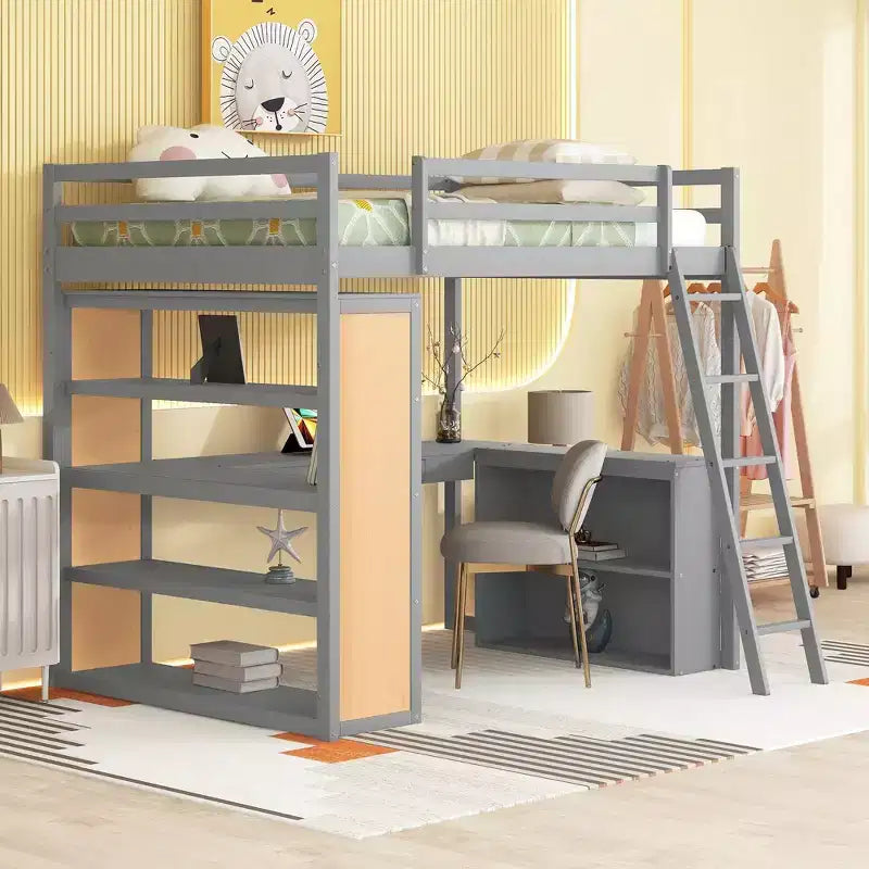 Lit mezzanine en bois double/grand format avec échelle, étagères, tiroir et bureau, 4L - ModernLuxe