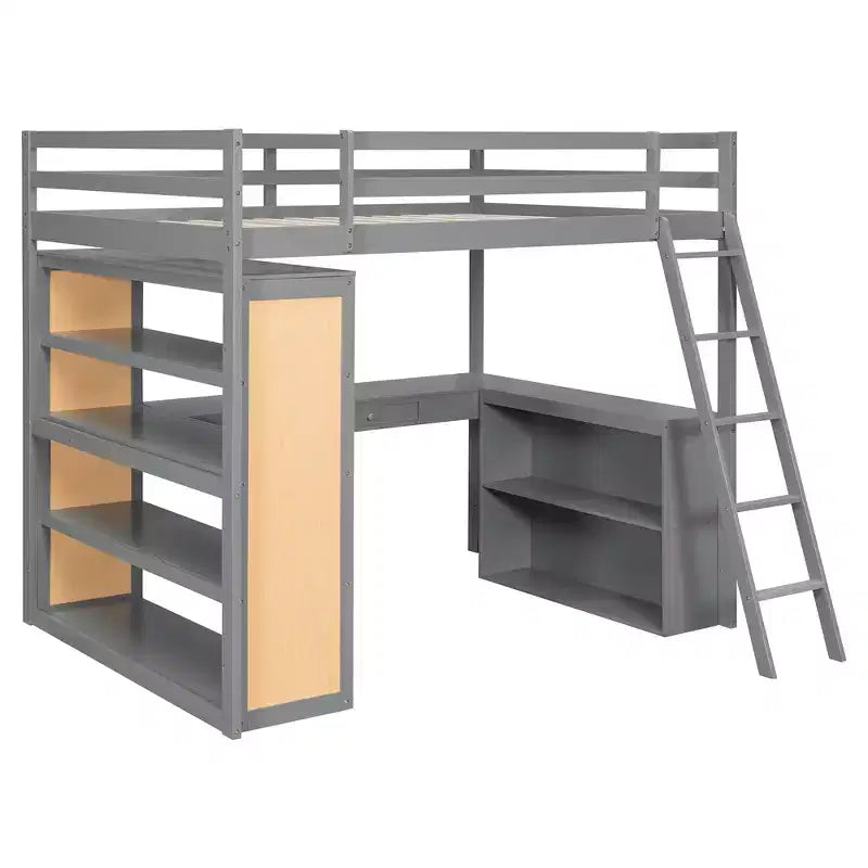 Lit mezzanine en bois double/grand format avec échelle, étagères, tiroir et bureau, 4L - ModernLuxe