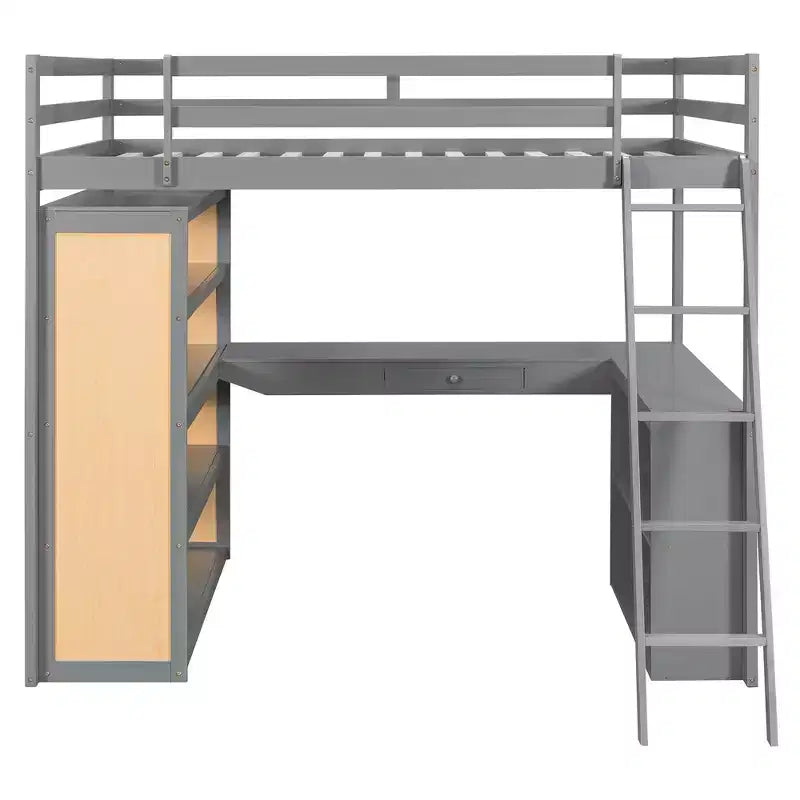 Lit mezzanine en bois double/grand format avec échelle, étagères, tiroir et bureau, 4L - ModernLuxe