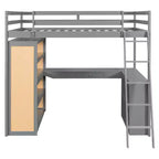 Lit mezzanine en bois double/grand format avec échelle, étagères, tiroir et bureau, 4L - ModernLuxe