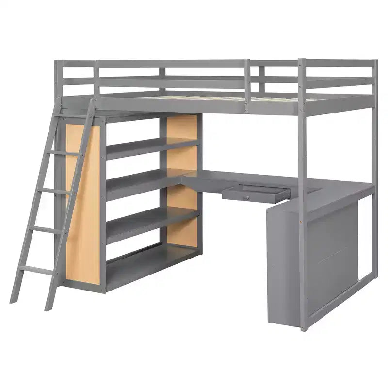 Lit mezzanine en bois double/grand format avec échelle, étagères, tiroir et bureau, 4L - ModernLuxe