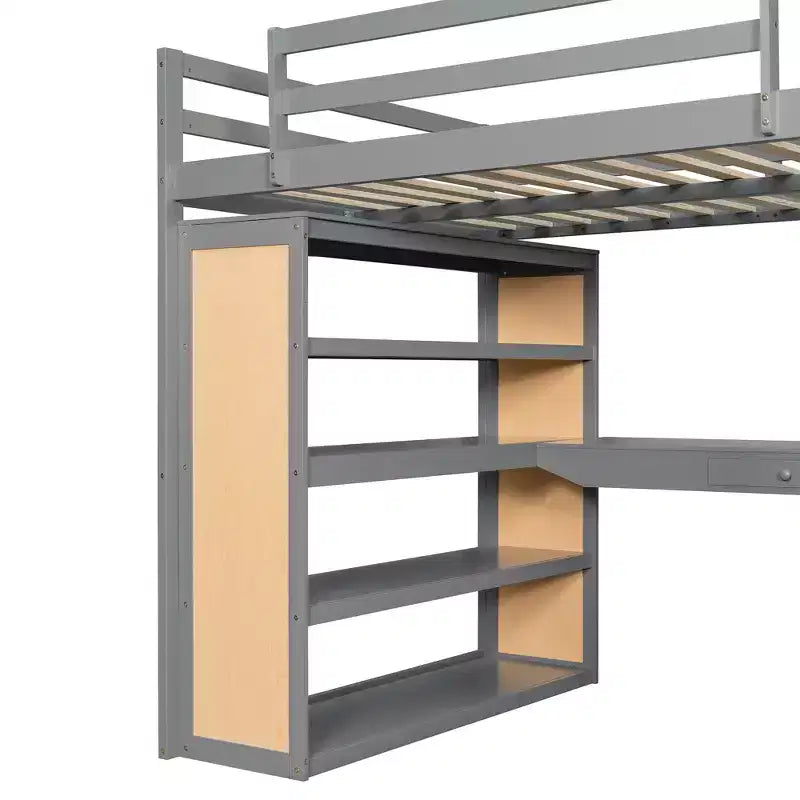 Lit mezzanine en bois double/grand format avec échelle, étagères, tiroir et bureau, 4L - ModernLuxe