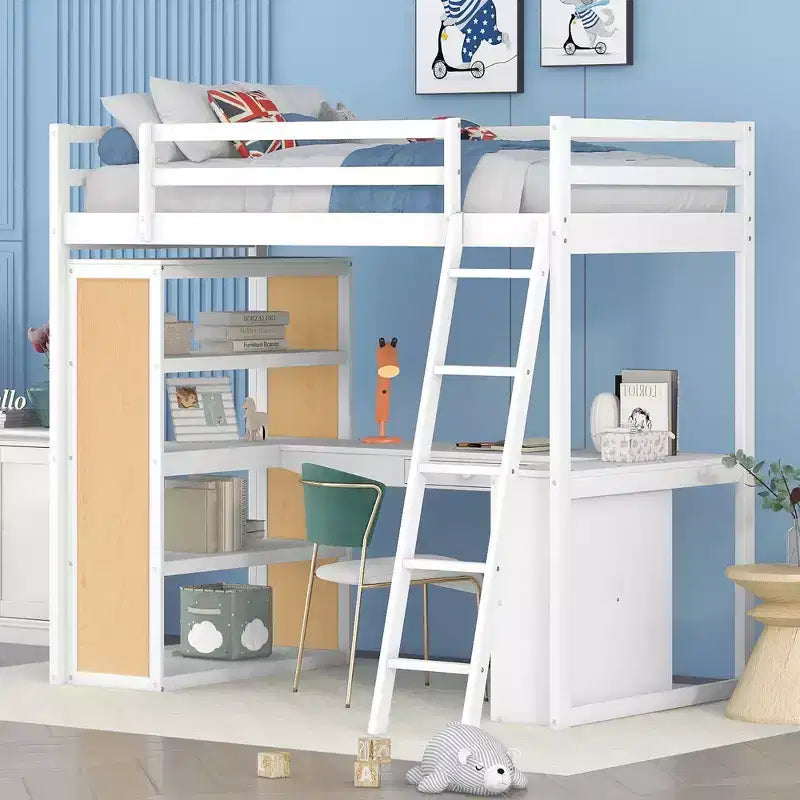 Lit mezzanine en bois double/grand format avec échelle, étagères, tiroir et bureau, 4L - ModernLuxe