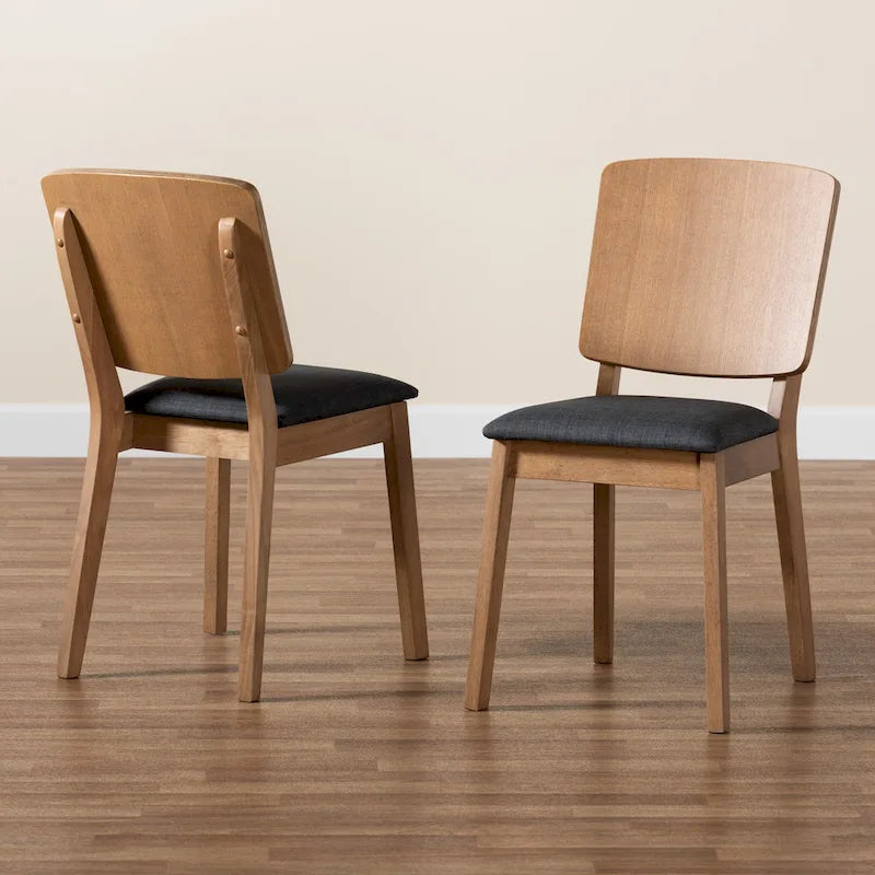 Denmark Mid-Century Modern Black Fabric and French Oak Brown Finished Rubberwood 2-Piece Dining Chair Set