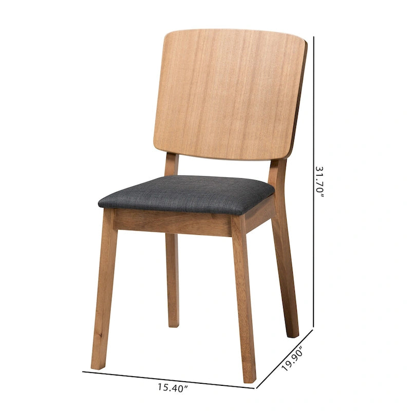 Denmark Mid-Century Modern Black Fabric and French Oak Brown Finished Rubberwood 2-Piece Dining Chair Set