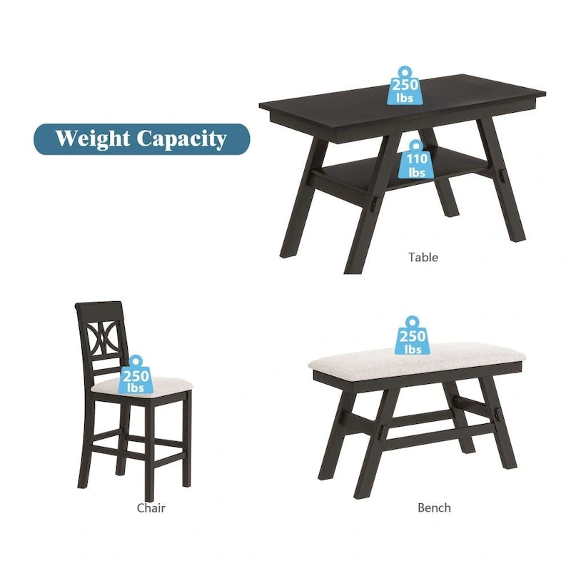 6-Piece Wood Counter Height Dining Table Set with Storage Shelf