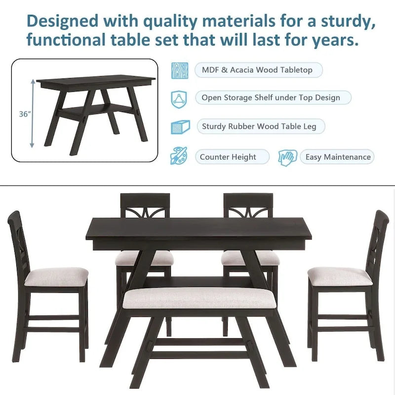 6-Piece Wood Counter Height Dining Table Set with Storage Shelf