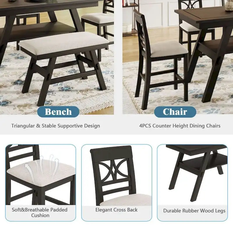 6-Piece Wood Counter Height Dining Table Set with Storage Shelf