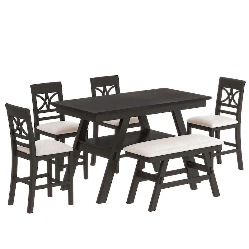6-Piece Wood Counter Height Dining Table Set with Storage Shelf