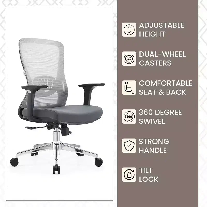 Chaise de bureau ergonomique en maille LeisureMod Adorit - Accoudoirs et soutien lombaire réglables - Chaise d'ordinateur pivotante à dossier moyen