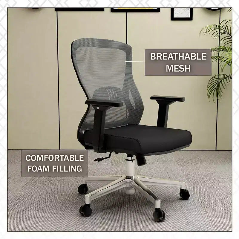 Chaise de bureau ergonomique en maille LeisureMod Adorit - Accoudoirs et soutien lombaire réglables - Chaise d'ordinateur pivotante à dossier moyen