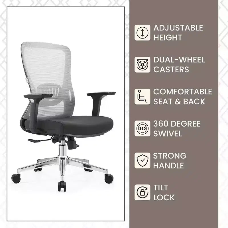 Chaise de bureau ergonomique en maille LeisureMod Adorit - Accoudoirs et soutien lombaire réglables - Chaise d'ordinateur pivotante à dossier moyen