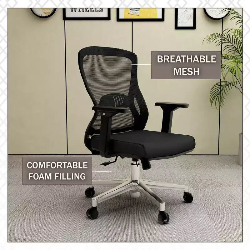 Chaise de bureau ergonomique en maille LeisureMod Adorit - Accoudoirs et soutien lombaire réglables - Chaise d'ordinateur pivotante à dossier moyen