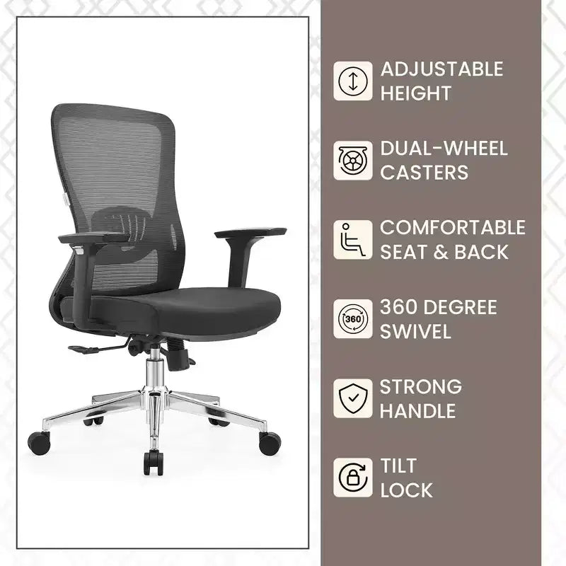 Chaise de bureau ergonomique en maille LeisureMod Adorit - Accoudoirs et soutien lombaire réglables - Chaise d'ordinateur pivotante à dossier moyen