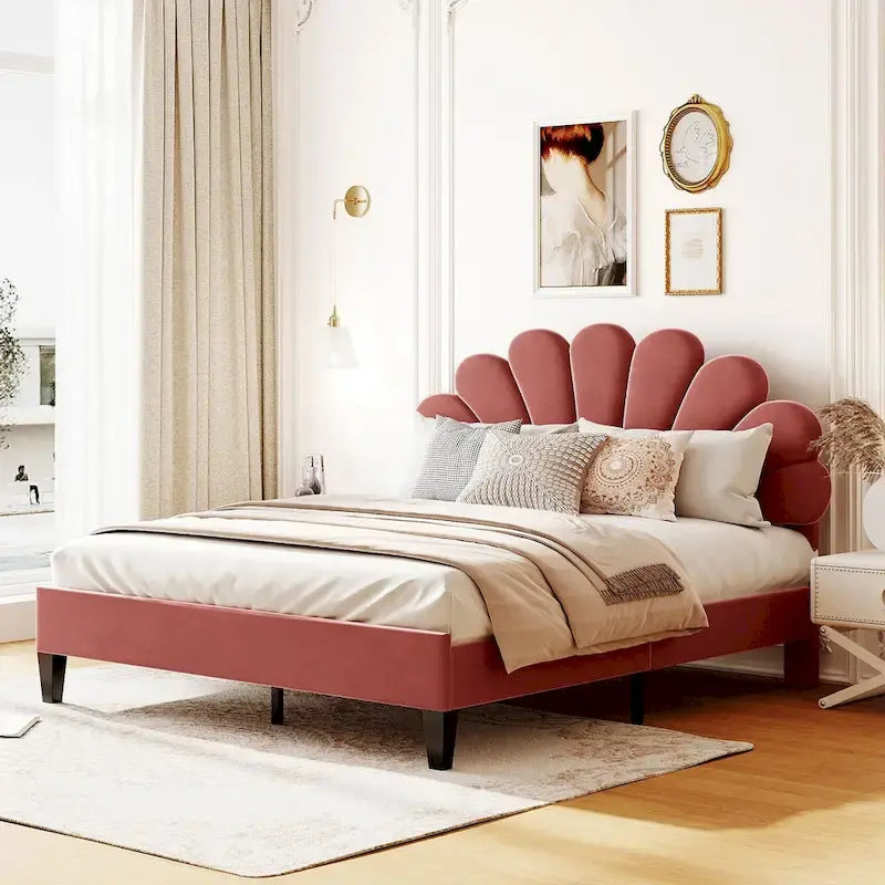 Queen Size Upholstered Platform Bed with Flower Pattern