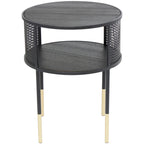 Table d'appoint ou table basse avec cadre géométrique en métal ouvert, 1 étagère, pieds dorés et décor Roche River noir