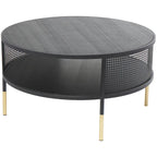 Table d'appoint ou table basse avec cadre géométrique en métal ouvert, 1 étagère, pieds dorés et décor Roche River noir