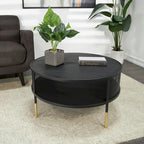 Table d'appoint ou table basse avec cadre géométrique en métal ouvert, 1 étagère, pieds dorés et décor Roche River noir