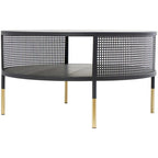 Table d'appoint ou table basse avec cadre géométrique en métal ouvert, 1 étagère, pieds dorés et décor Roche River noir