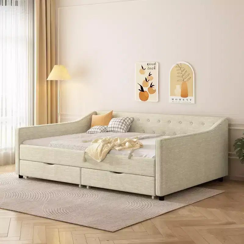 Lit de repos capitonné en tissu avec 2 tiroirs de rangement/lit gigogne et boutons sur le dossier et passepoil sur les accoudoirs incurvés, taille double/pleine, 4Q -ModernLuxe