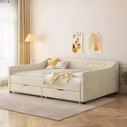Lit de repos capitonné en tissu avec 2 tiroirs de rangement/lit gigogne et boutons sur le dossier et passepoil sur les accoudoirs incurvés, taille double/pleine, 4Q -ModernLuxe