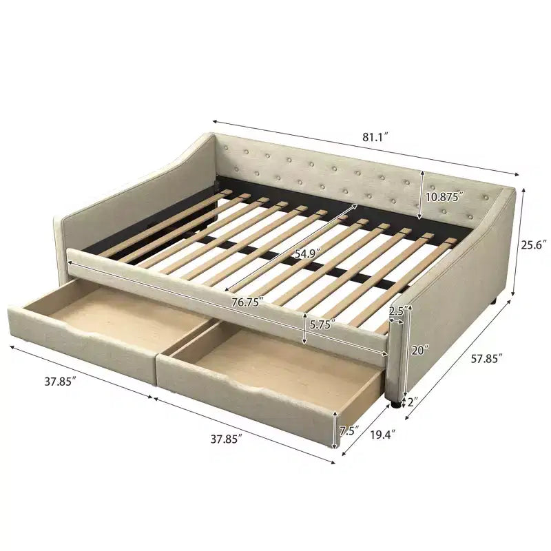 Lit de repos capitonné en tissu avec 2 tiroirs de rangement/lit gigogne et boutons sur le dossier et passepoil sur les accoudoirs incurvés, taille double/pleine, 4Q -ModernLuxe