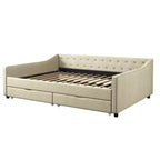 Lit de repos capitonné en tissu avec 2 tiroirs de rangement/lit gigogne et boutons sur le dossier et passepoil sur les accoudoirs incurvés, taille double/pleine, 4Q -ModernLuxe
