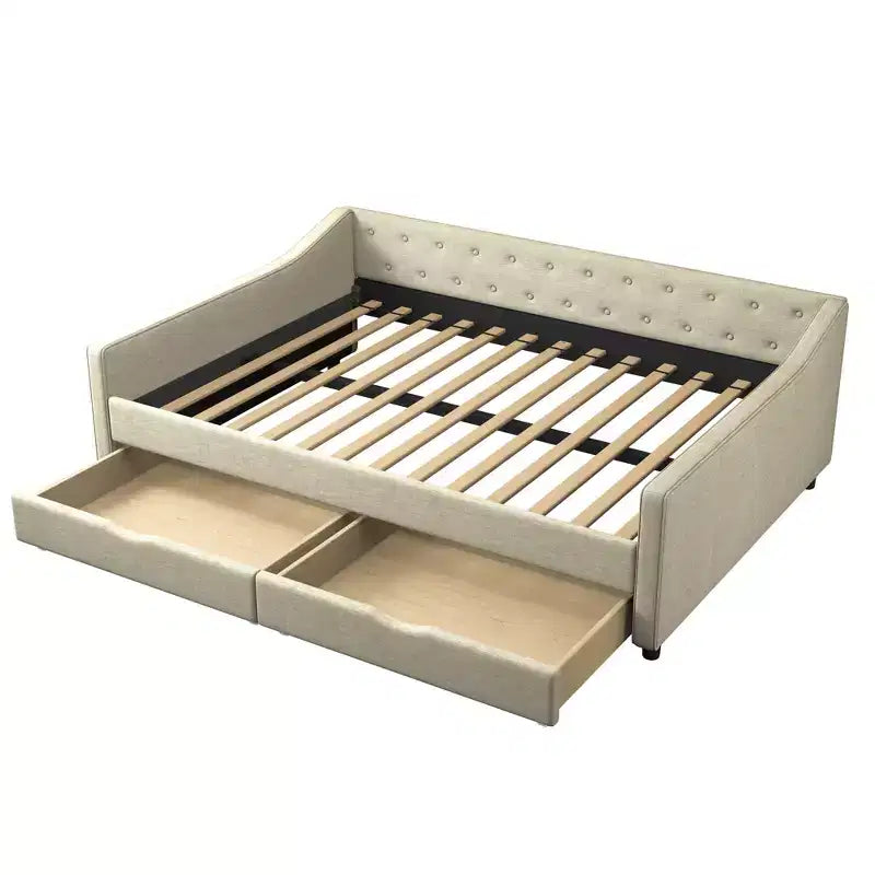 Lit de repos capitonné en tissu avec 2 tiroirs de rangement/lit gigogne et boutons sur le dossier et passepoil sur les accoudoirs incurvés, taille double/pleine, 4Q -ModernLuxe
