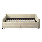 Lit de repos capitonné en tissu avec 2 tiroirs de rangement/lit gigogne et boutons sur le dossier et passepoil sur les accoudoirs incurvés, taille double/pleine, 4Q -ModernLuxe