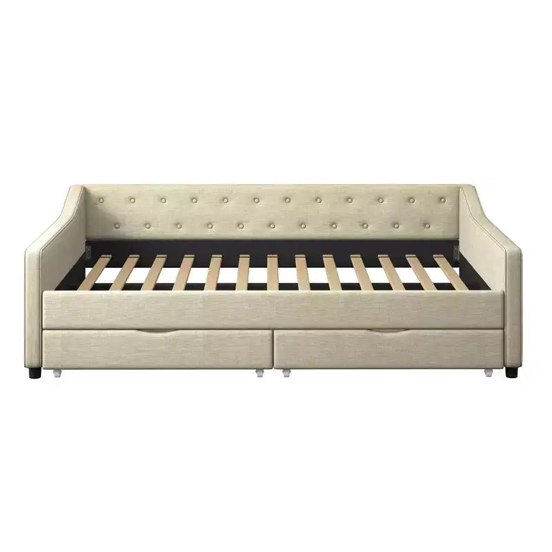 Lit de repos capitonné en tissu avec 2 tiroirs de rangement/lit gigogne et boutons sur le dossier et passepoil sur les accoudoirs incurvés, taille double/pleine, 4Q -ModernLuxe
