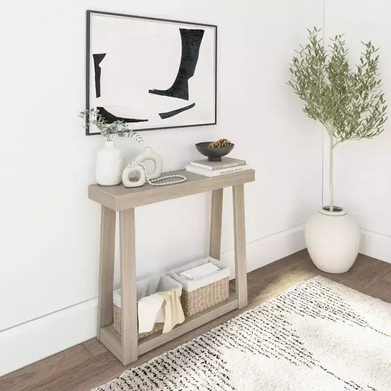 Console en bois massif Plank+Beam 36 avec rangement, table de canapé style ferme classique avec étagère, table d'entrée étroite pour couloir