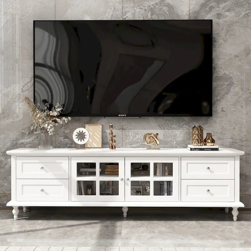 Modern White TV Stand w/Glass Doors and Drawers Entertainment Console - 70.9