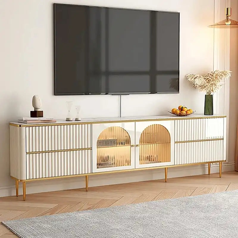 Modern TV Stand with 4 Drawers & Glass Cabinet