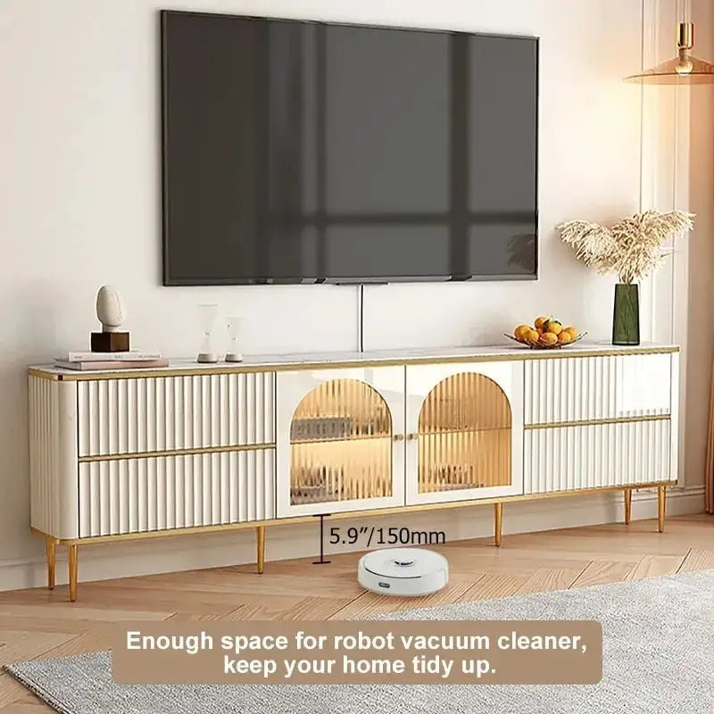 Modern TV Stand with 4 Drawers & Glass Cabinet