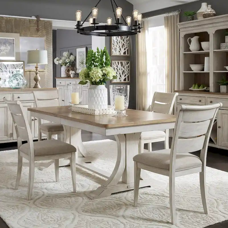 Farmhouse Reimagined Antique White with Chestnut Opt 5 Piece Trestle Table Set