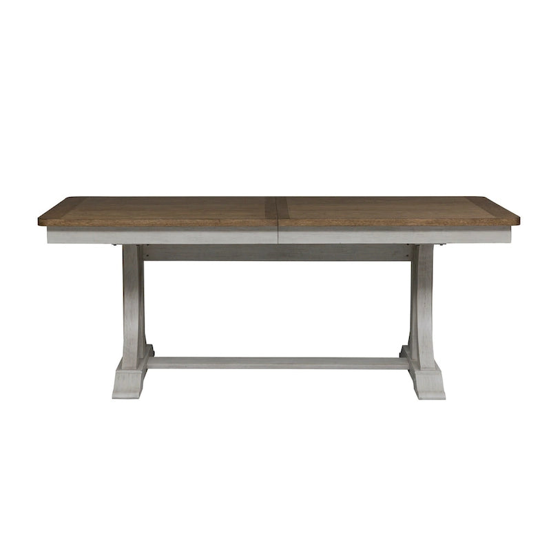 Farmhouse Reimagined Antique White with Chestnut Opt 5 Piece Trestle Table Set