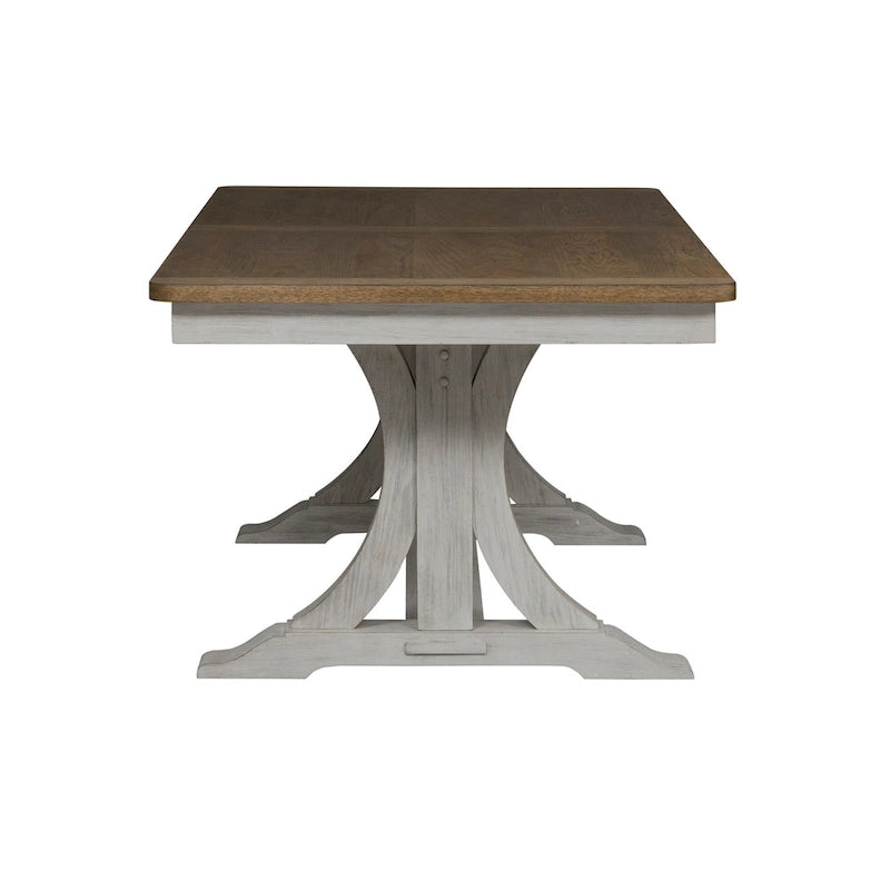 Farmhouse Reimagined Antique White with Chestnut Opt 5 Piece Trestle Table Set