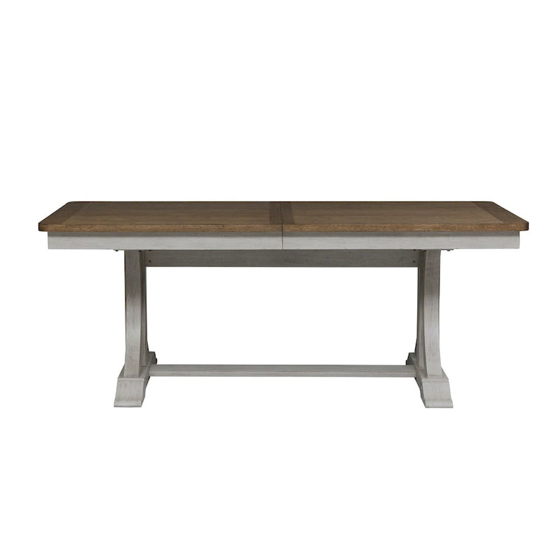 Farmhouse Reimagined Antique White with Chestnut Opt 5 Piece Trestle Table Set