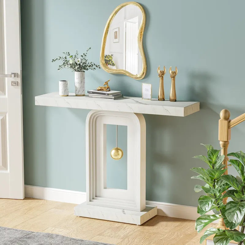 Modern Console Table with Geometric Base, 39.4 inch Narrow Sofa Table with Gold Decor for Living Room Entryway Hallway Entrance