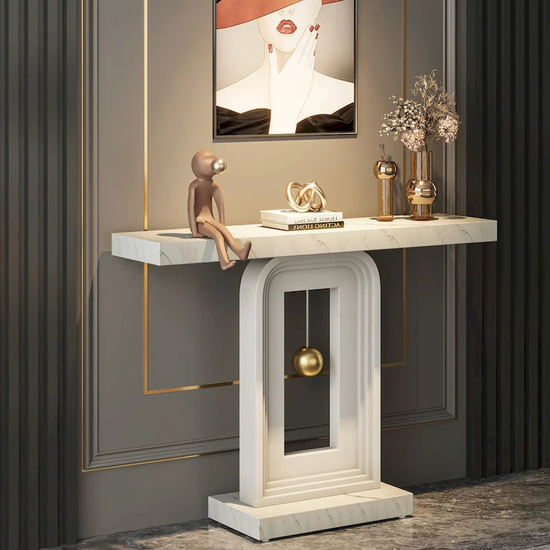 Modern Console Table with Geometric Base, 39.4 inch Narrow Sofa Table with Gold Decor for Living Room Entryway Hallway Entrance