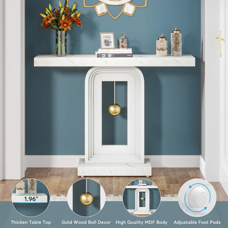 Modern Console Table with Geometric Base, 39.4 inch Narrow Sofa Table with Gold Decor for Living Room Entryway Hallway Entrance